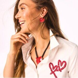 NWT CHICO'S Red Enamel Heart Pendant Necklace  and matching Enamel Heart Stud